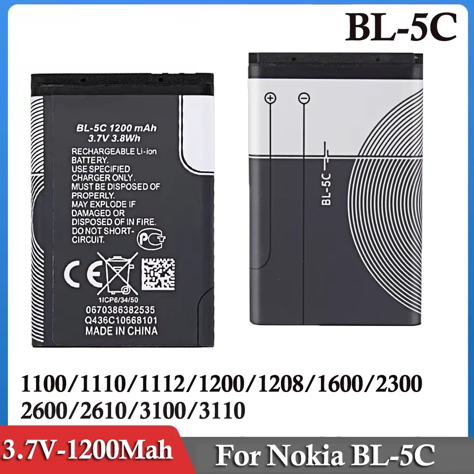 Original 3.7V 1200mAh Phone BL-5C Battery For Nokia 1100 1110 1200 1208 1280 2600 2700 3100 3110 5130 6230 1600 battery