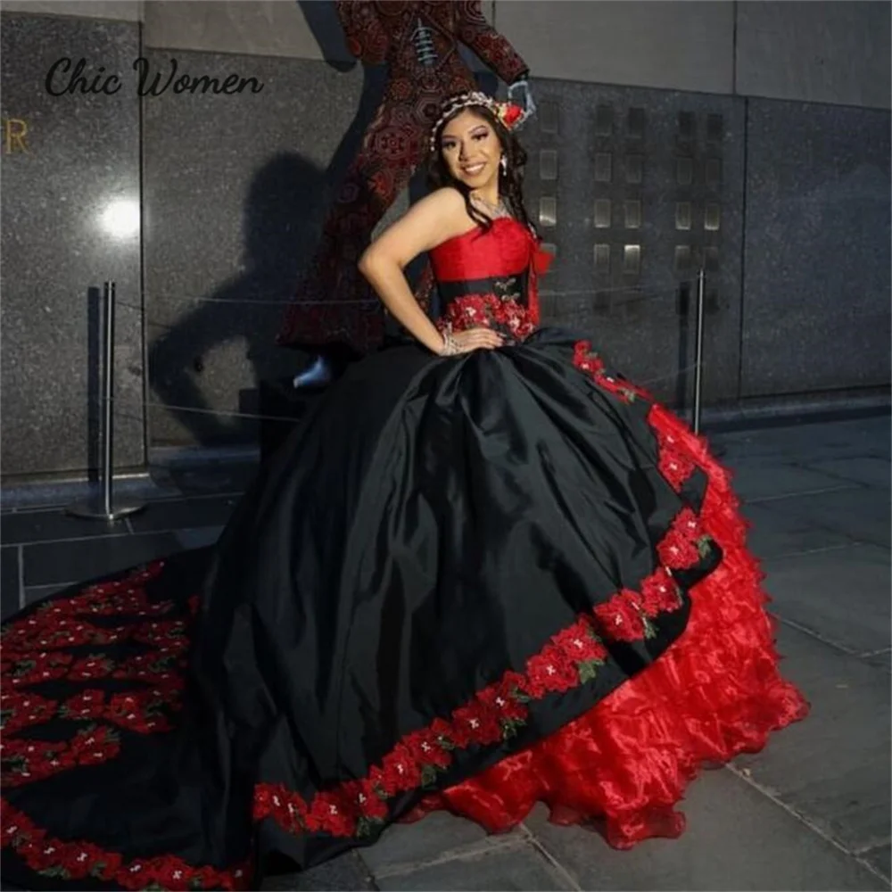 Vestido quinceanera mexicano preto com vermelho, ombros de fora, frisado, babados em camadas, charro, vestidos de 15 anos, xv, festa personalizada