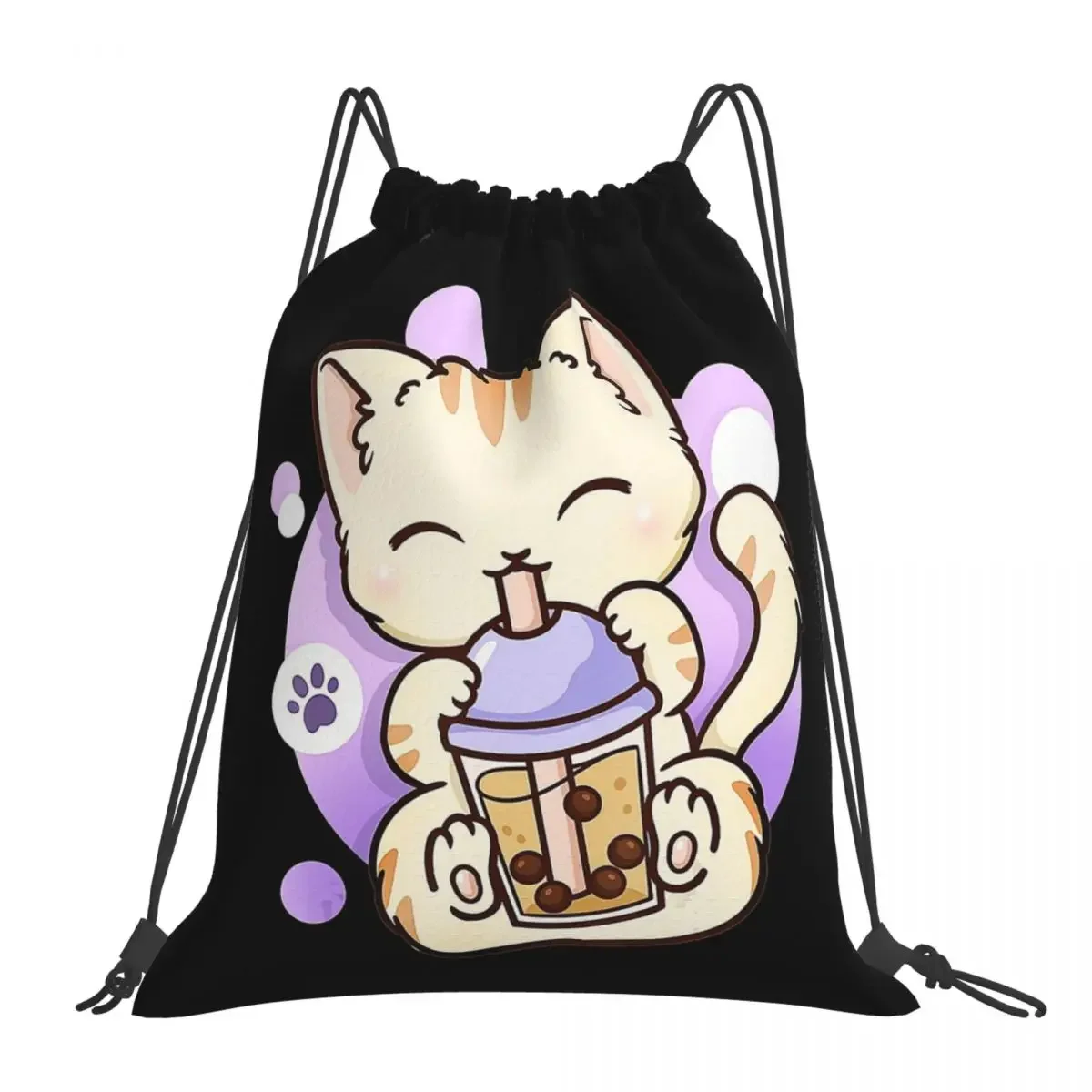 Cat Boba Tea Bubble Tea Anime Kawaii Japanese Girls Teenager Backpacks Drawstring Bags Drawstring Bundle Pocket Sports BookBag