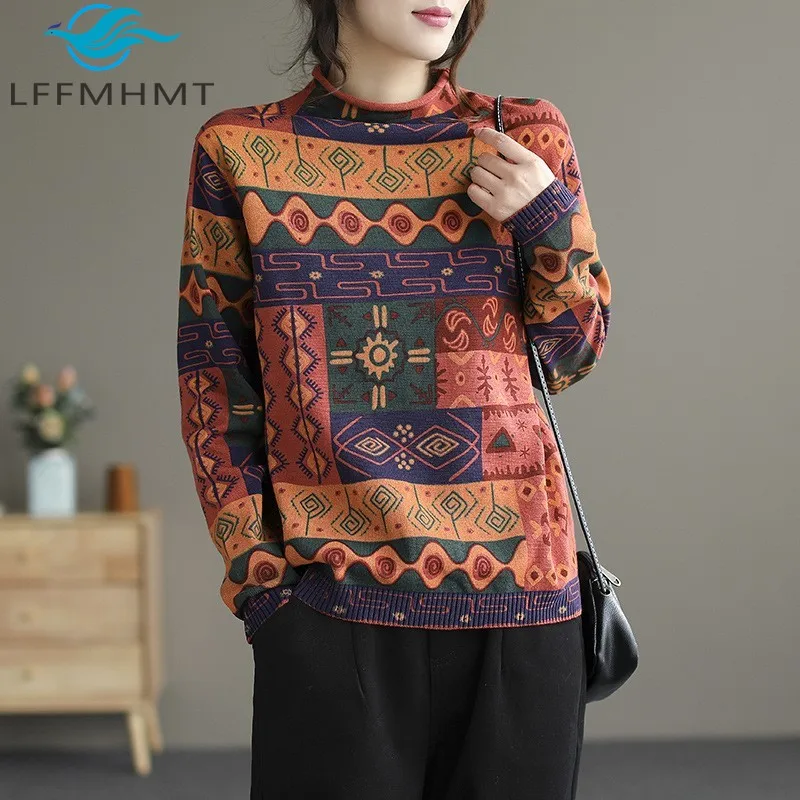 

Autumn Winter Vintage Cotton Yarn Vintage Printed Knitwear for Women Fashion Loose Fit Semi High Neck Sweater Female