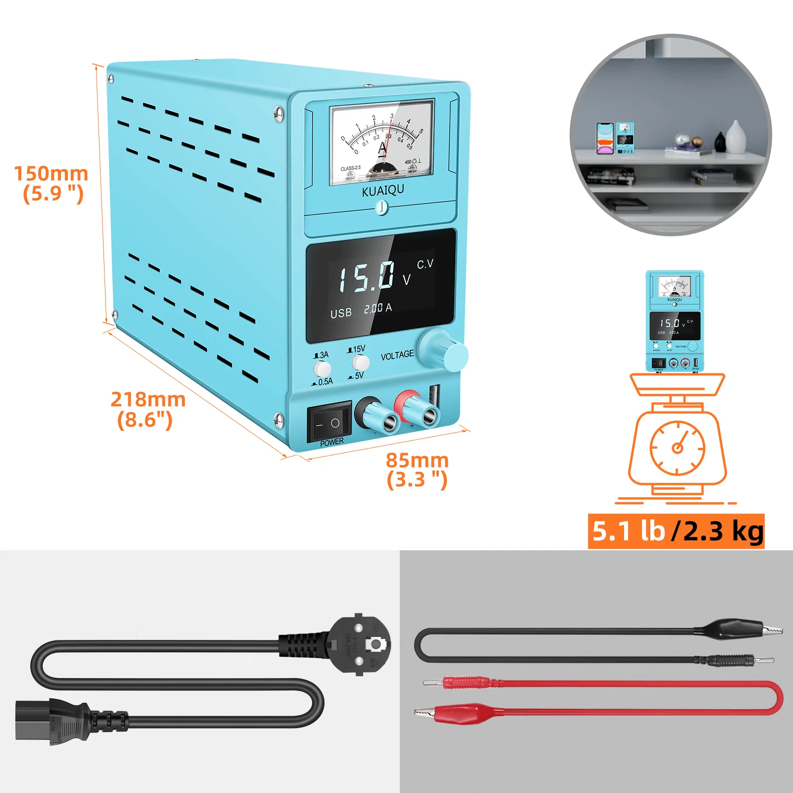 Catu Daya Linier Biru 15V 3A DC Catu Daya Bangku dengan Pengaturan Sakelar Dapat Disesuaikan dengan Penunjuk Tampilan Digital Besar Analog