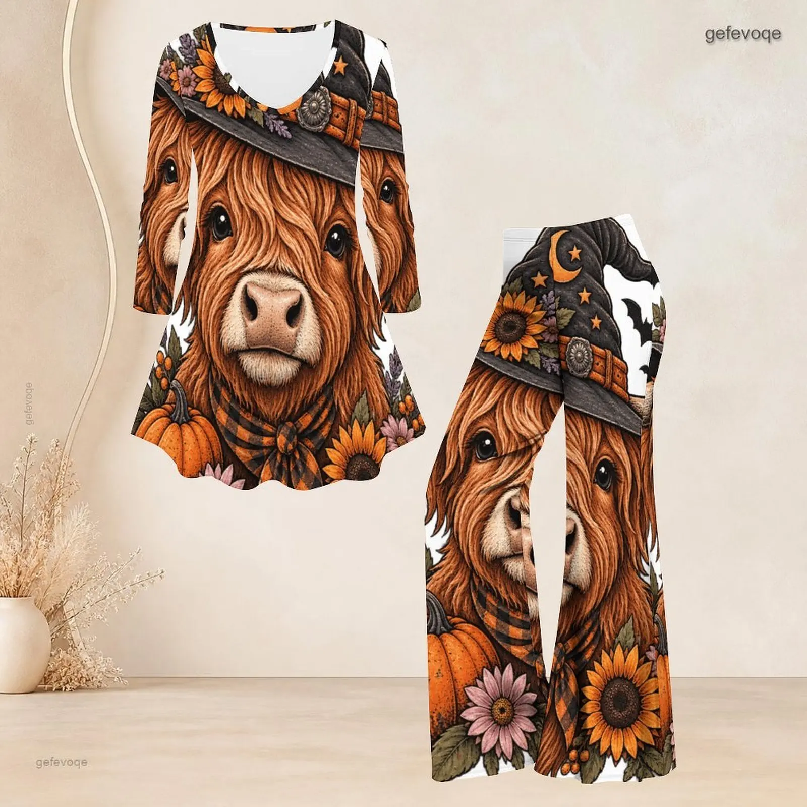 Women Printed Pants Set Round Neck Three Quarter Sleeve Flared Top Flared Pants Two Piece