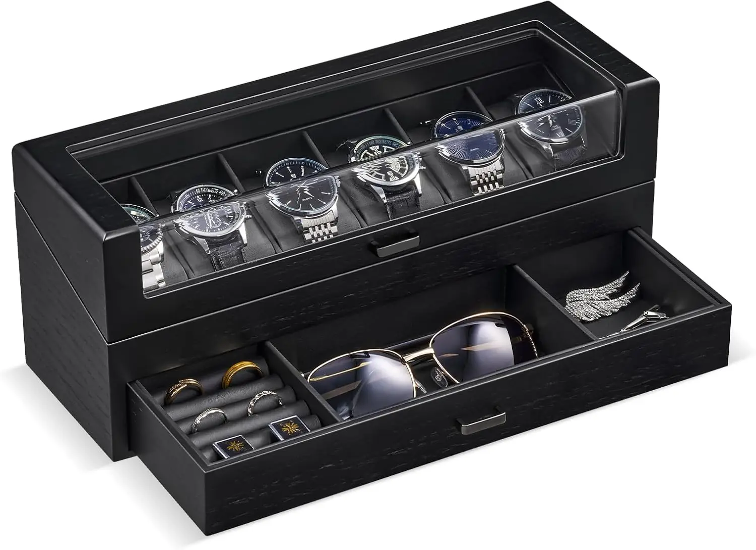 

Деревянная шкатулка для часов с выдвижным ящиком, органайзер для ювелирных украшений на 6 отделений для мужчин, черный демонстрационный футляр