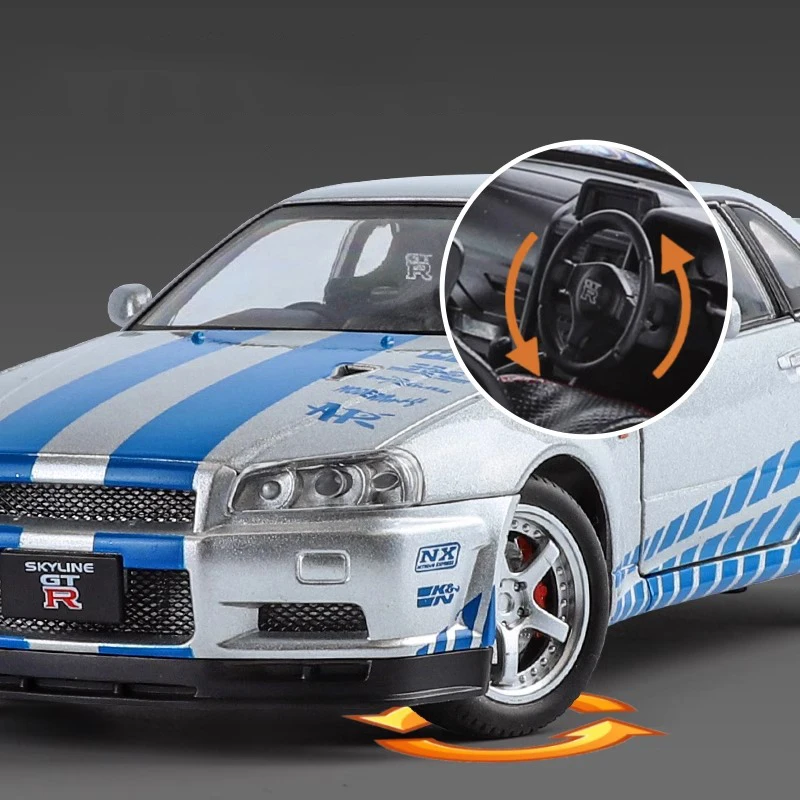 1:32 Scale GTR R34 R35 Diecast Model Sound Light Pull Back high simulation Kid Birthday Gift Collect Orname