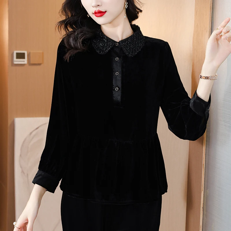 2024 Blue Velvet Long Sleeve O-Neck Top Coats Autumn Winter Black Thick Warm Casual Blouses Women Korean Vintage Luxury Top Coat