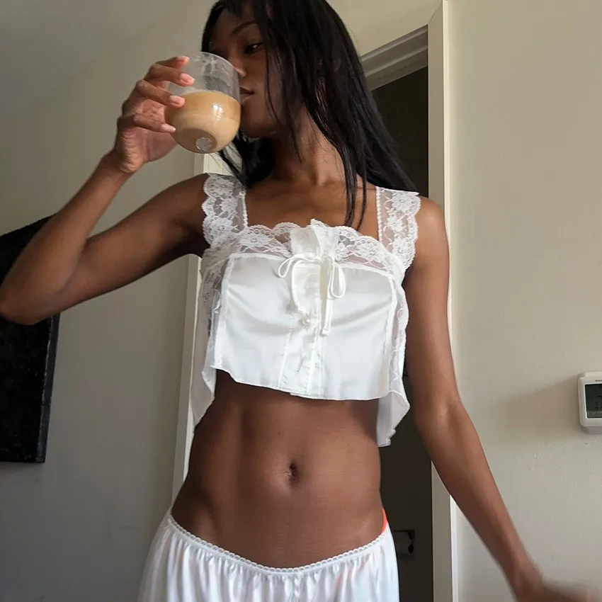 Summer Women Pajama Sleeveless Crop Top Lace Trim Loungewear Set Wide Leg Pants High Waist Sleepwear Set Solid White Bridal - view 3