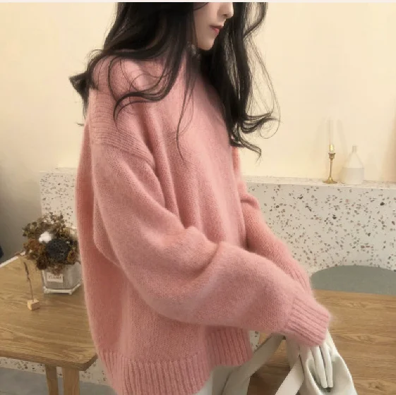 

Свободный мохеровый пуловер, женский свитер, осень-зима 2021, новый вязаный свитер с круглым вырезом и утолщенным низом для ленивого ветра