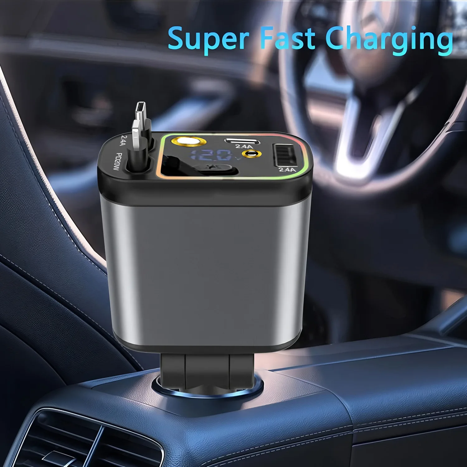 

120W 4 IN 1 Retractable Car Charger USB Type C Power Fast Charging Cord Smartphone Charger For Xiaomi HUAWEI Phones