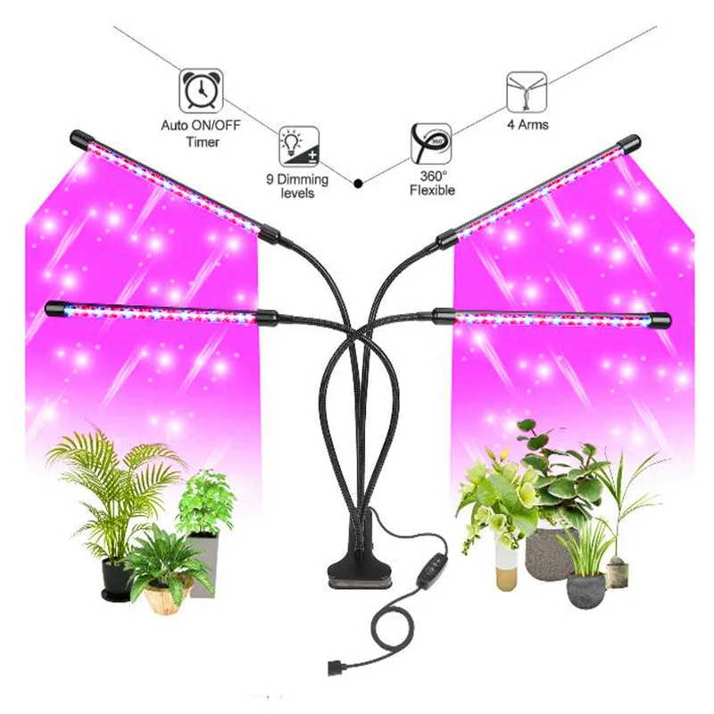 Luz de planta con Clip Dc5V, luz de crecimiento de plantas de cuatro cabezales, atenuación temporizada ajustable por Usb, luz de crecimiento de espectro completo