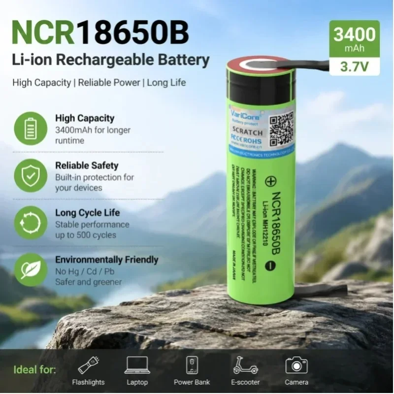 NCR18650B 18650 3,7 V 3400 mAh Lithium-Ionen-Akku mit vorgefertigten Nickel-Anschlussleisten, 1000+ Zyklen, für DIY-Akkupacks, Elektrowerkzeuge, E-Bikes, Powerbanks, Taschenlampen