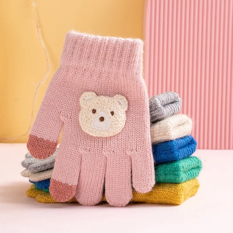 

2-6 year old cartoon bear baby gloves with crochet hooks, thick winter warmth knitted gloves, boys, girls, and children's thick