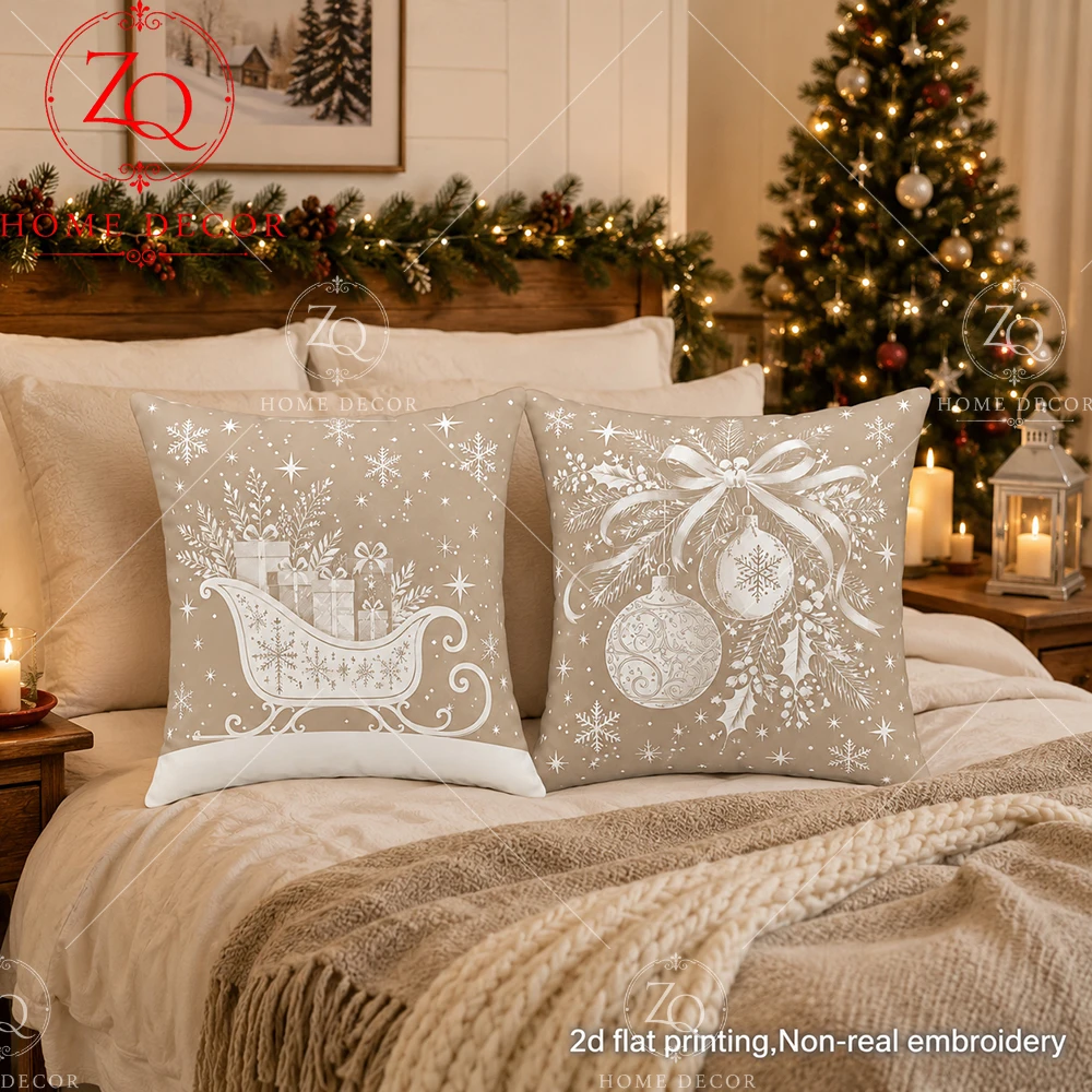 Christmas Pillow Cover Peach Skin 2D Flat Printed Cushion Case Sleigh Bauble Pillowcase For Couch Sofa Bed Living Room Holiday