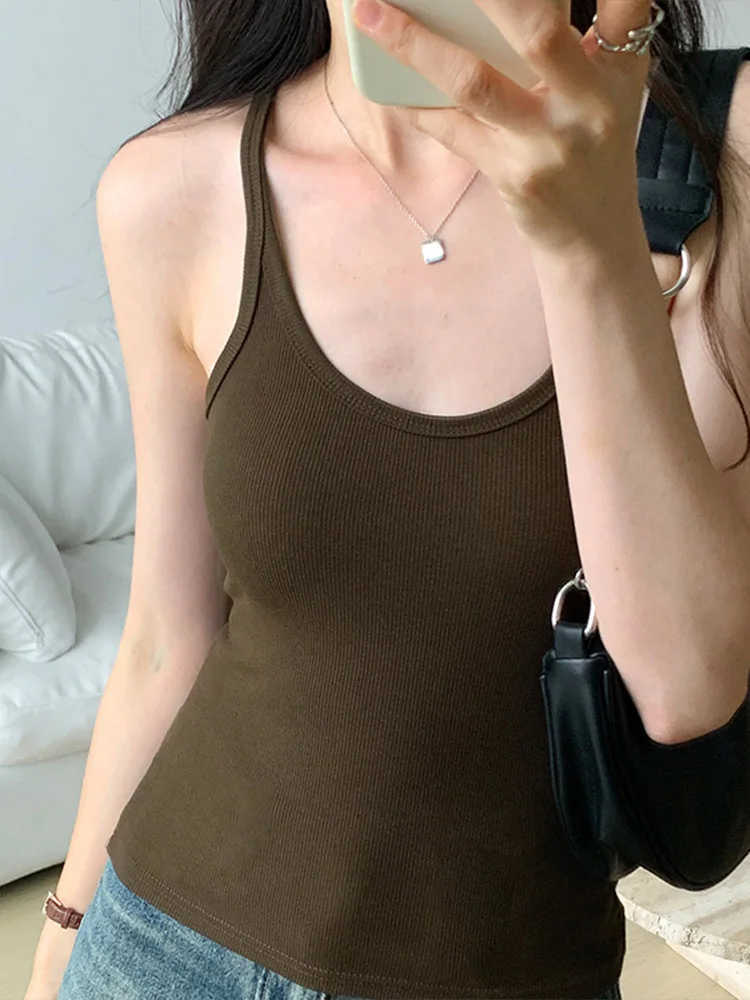 夏の新ソリッドカラーシンプルな女性のタンクスリムカジュアルファッション女性トップアプリコットダークグレーダークコーヒーブラックタンク