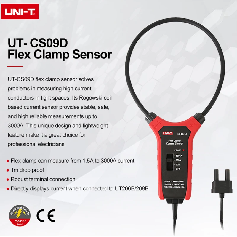 UNI-T 3000A  AC Current Flex Clamp Meter UT-CS09D Flexible Clamp Sensor Pliers Ammeter Ampere Meter UT206B UT208B Applicable