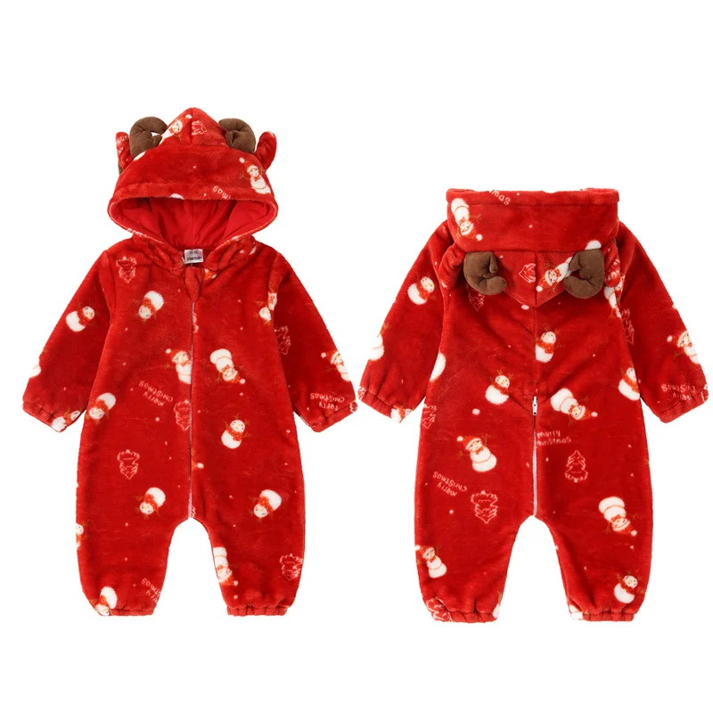 Baby Chirstmas Day Cute Warm Jumpsuits Boys Soft Comfortable Thermal Hooded Romper Girls Outdoor Plush Thickened Overalls