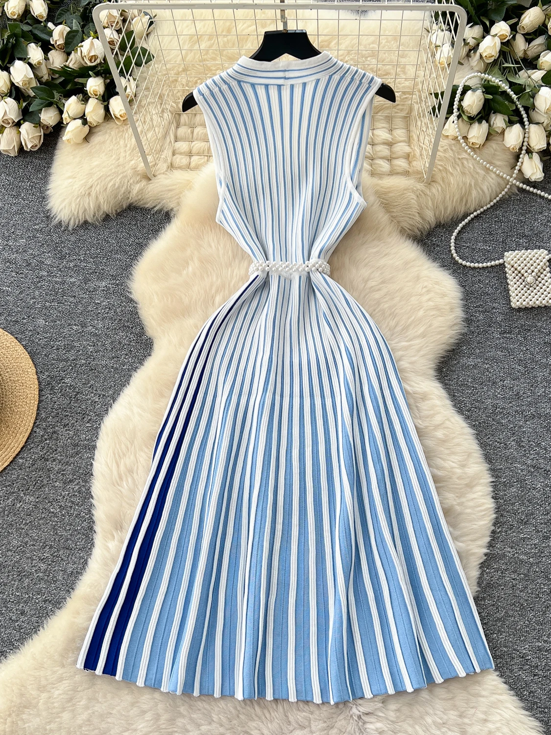 Ele Knitted Stripe Svel Dr Women's Summer Asymmetrical Collar Belted Light Maturi Long Skirt High Waist A-Line