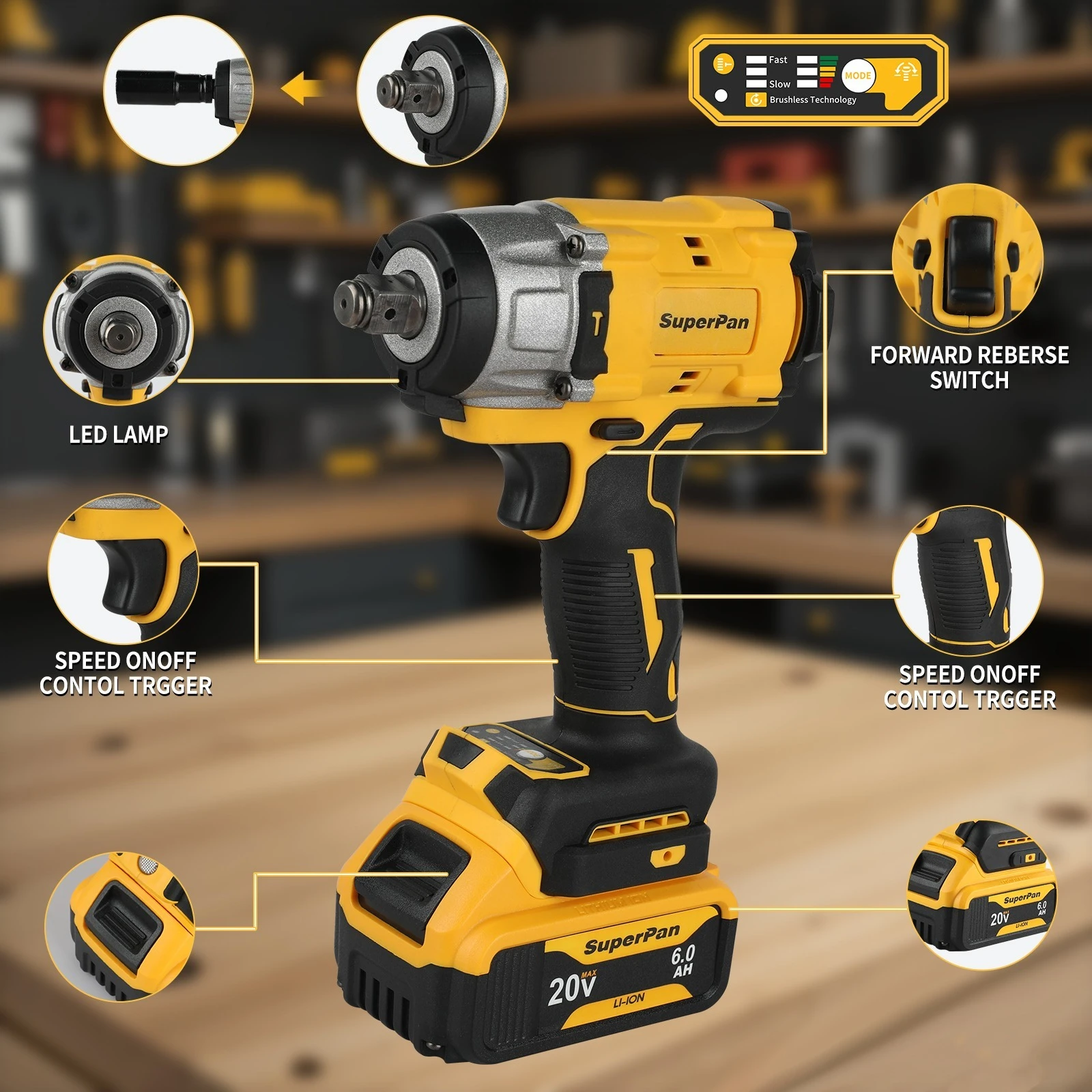 

SuperPan DCF922 Impact Wrench 20V Auto-Stop Reverse for Car Fix Battery Impact Gun Impact Wrench for dewalt 18V battery pin