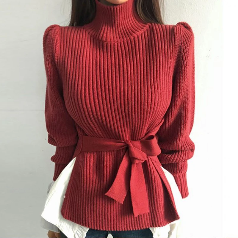 2023 Autumn Winter Women Vintage Elegant Chic Lace Up Turtleneck Knitted Sweater Fashion Split Solid Long Sleeve Slim Pullovers