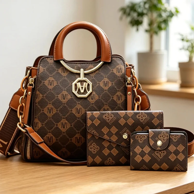 

3-piece women's bag set, light luxury series classic printed bucket bag, can be worn in multiple ways such as single shoulder