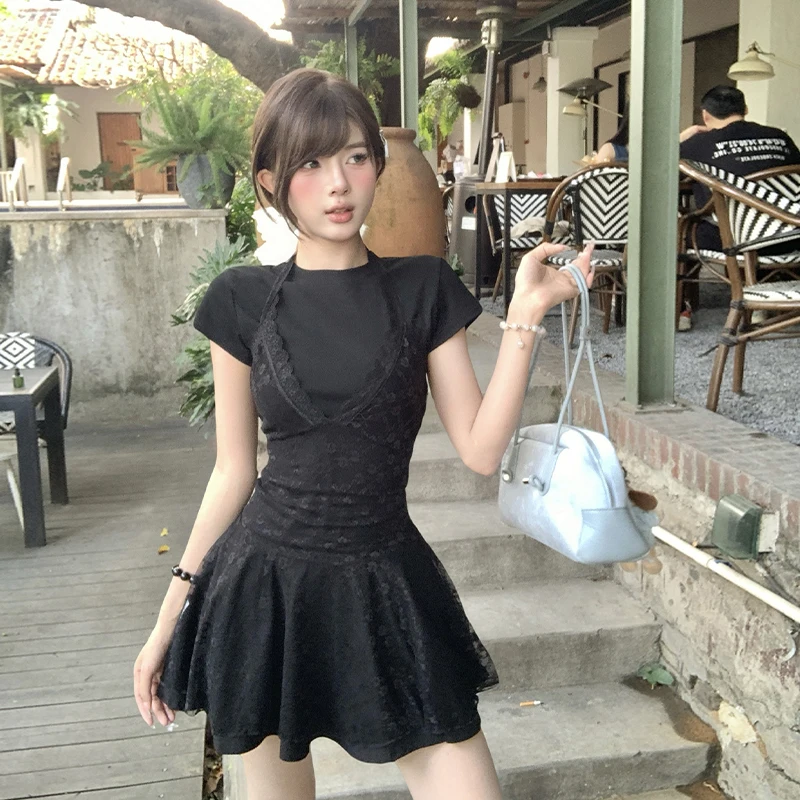 

Round Neck Short Sleeve Dress Halter Neck Lace Suspenders Women Two Piece Set