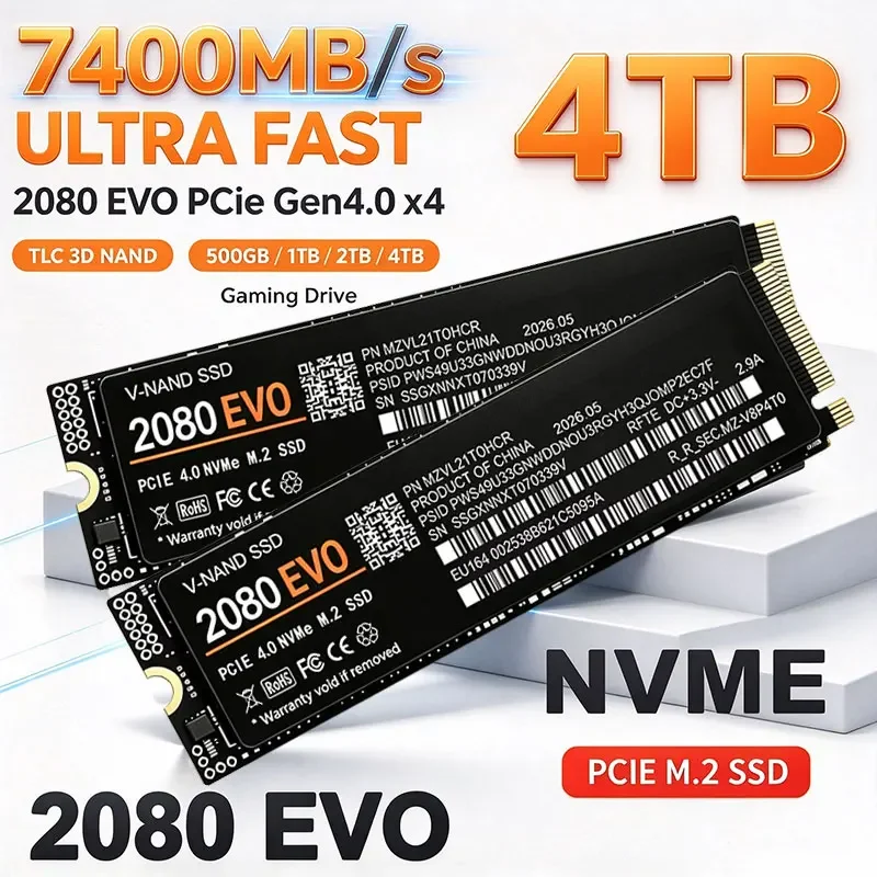 SSD M.2 NVMe para jogos, 2080 EVO, PCIe 4.0 X4, 7400 MB/s, TLC, 3D NAND, 2280, unidade interna, 500 GB, 1 TB, 2 TB, 4 TB, para PS5, portátil, computador de mesa.