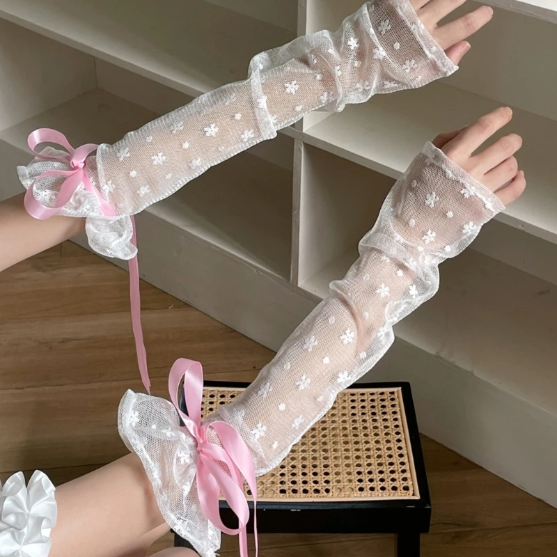 

Women Lace Gloves Sweet Ribbon Sun-Proof Lace Sleeves Girls Decorative Gloves Cool Girl Floral Gloves Fingerless Sleeves