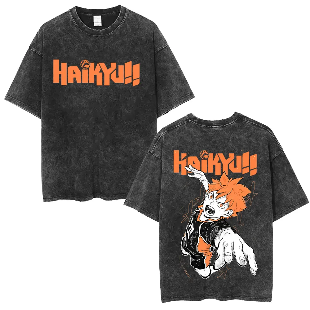 Washed Vintage Anime Haikyuu Hinata Shoyo Tobio Kageyama Graphic T-shirt Men Women Manga Oversized T Shirt Men's Cotton T-shirts