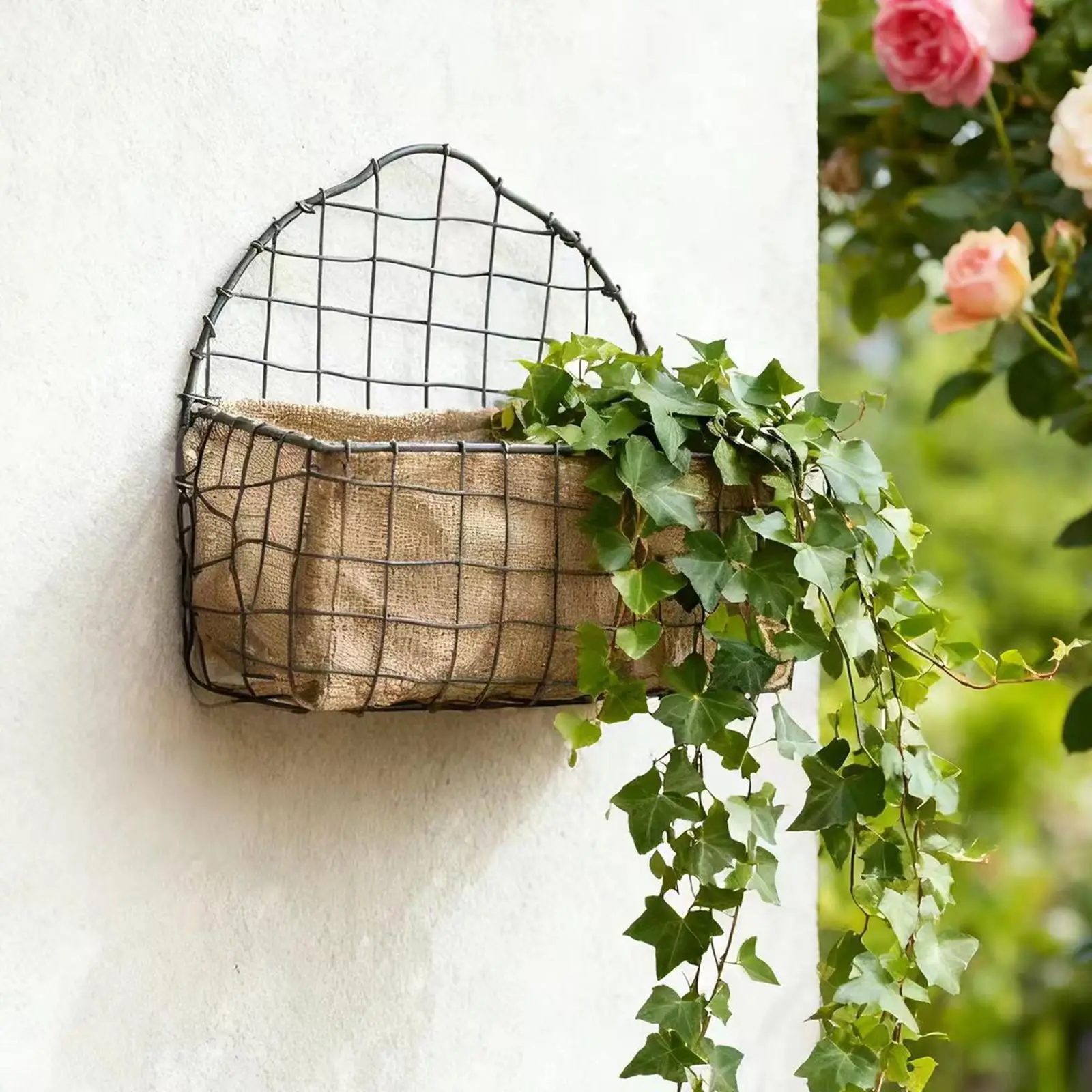 Iron Wire Hanging Basket with Linen Liner Flowerpot Basket for Home Storage and Garden Decoration