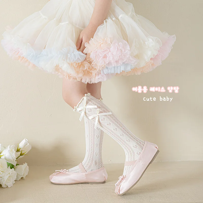 1 Pair Summer Thin Kids Girl Calf Sock Cute Pricess Heart Style Hollow Bow Ruffle Sock for Children Soft Elastic Fashion Sock
