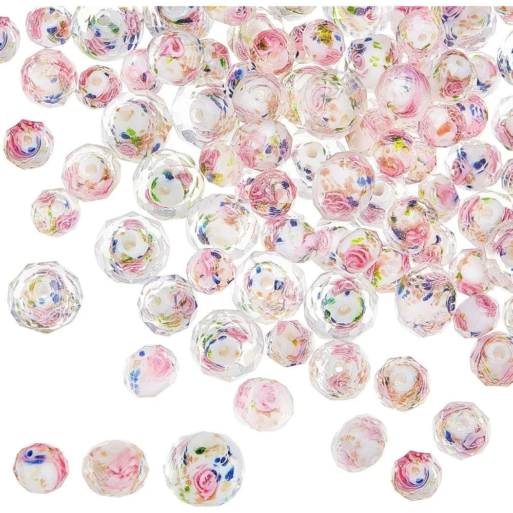 87pcs Floral Lampwork Beads Gold Sand Rose Faceted Glass Pink Loose Crystal Spacer Beads for Necklace