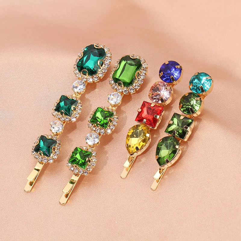 Luxury Elegance Women Green Pink Geometric Crystal Rhinestones Metal Barrettes Hairpins Bobby Pin Hair Clip Hair Accessories