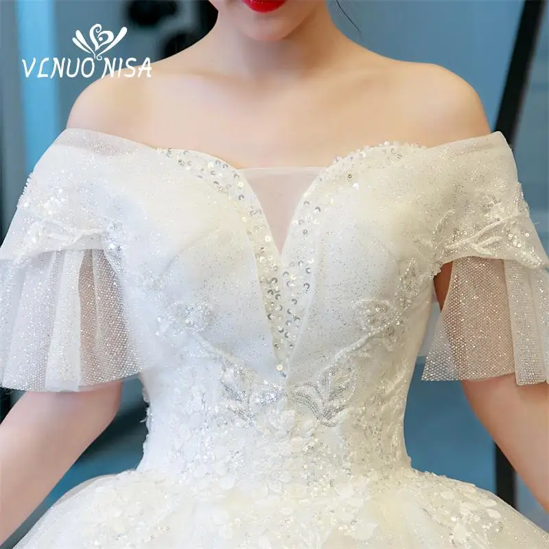 Personalizado vlnuo nisa brilhante vestido de baile fora do ombro vestido de casamento com manga rendas glitter apliques vestido de noiva pluse tamanho