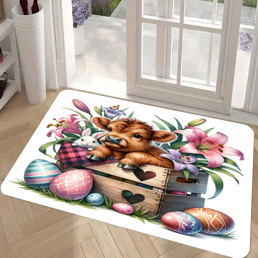 

Easter Highland Cow Print Welcome Door Mat Home Decor Entrance Non-slip Floor Mat Balcony Hallway8.19