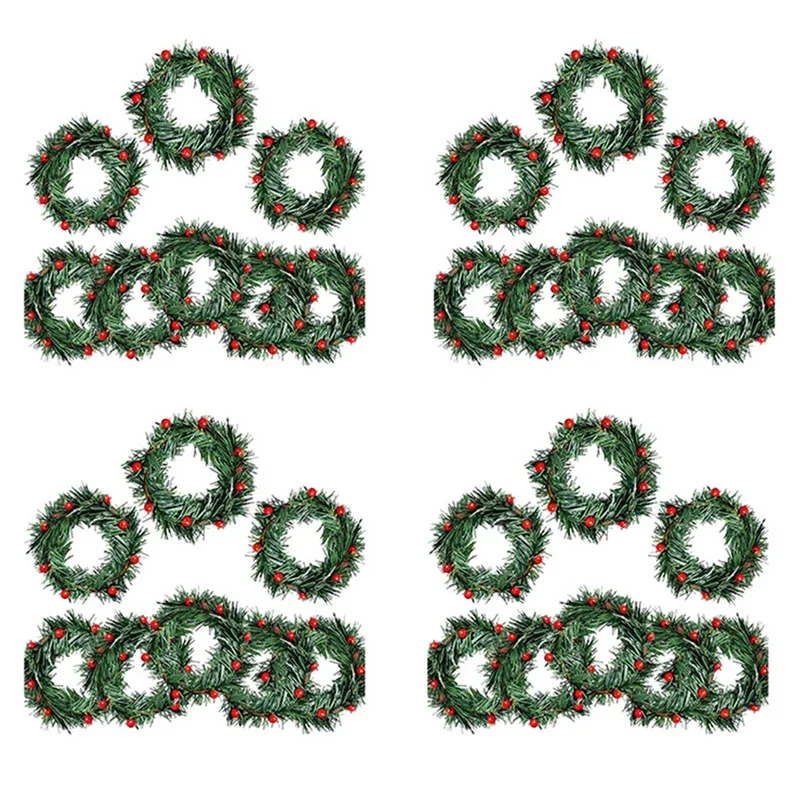 Holly Berry Candle Ring Small Artificial Red Berries Pine Needles Wreath for Christmas Garland Ornaments Decor