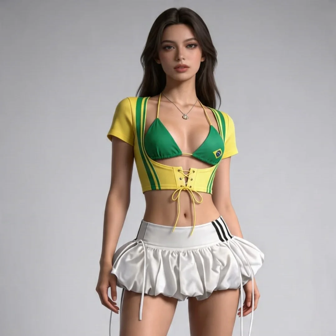Brazil Color Two Piece Outfit Short Sleeve T Shirt With Halter Lace Up Corset Crop Top