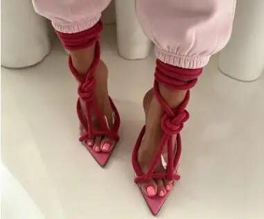 Beige White Black Clear PVC Ropes Ankle Wrap Lace-UP Stiletto Sandals Pointed Open Toe Knot High Heel Party Dress Shoes Sandals view 5