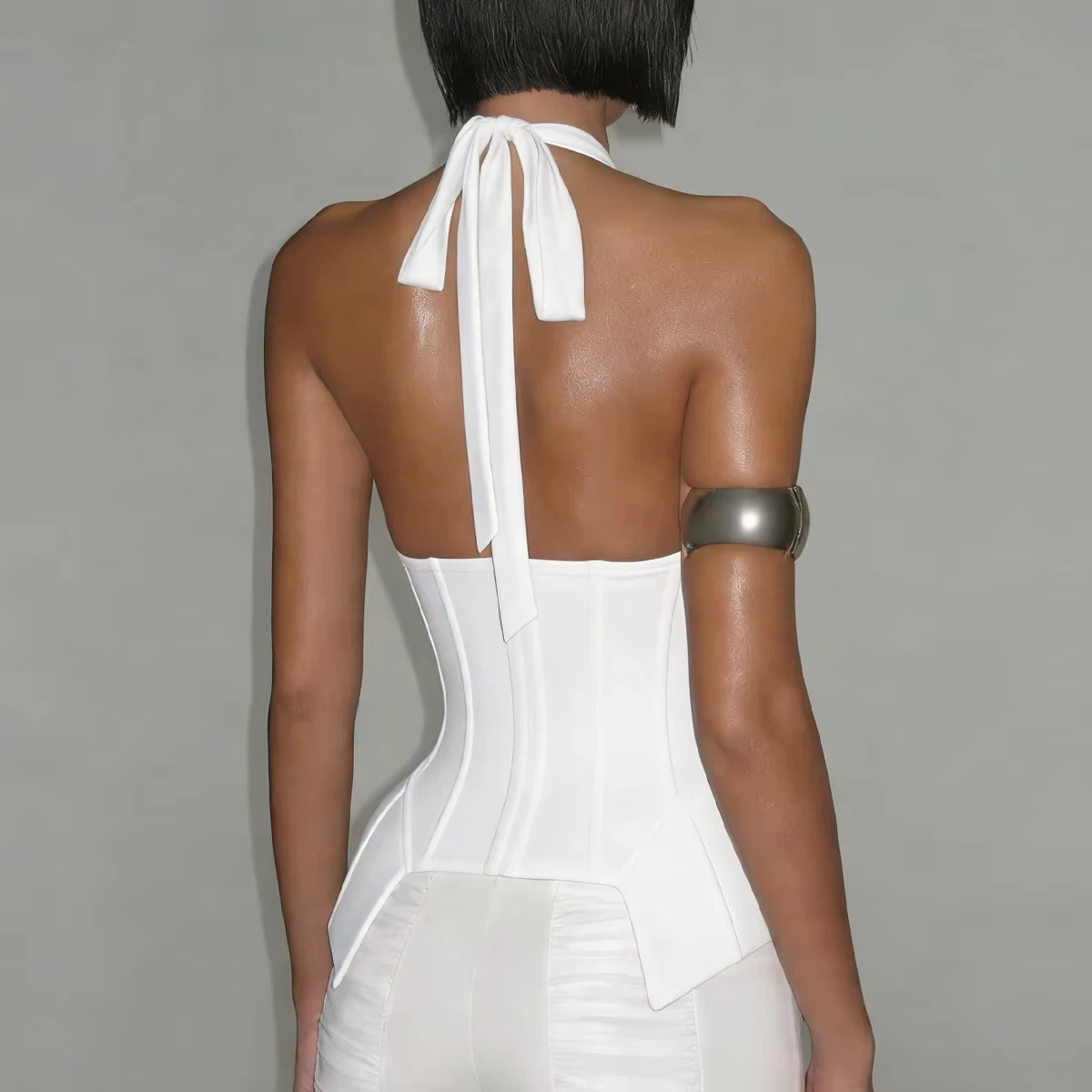 Black White Colors Tie Up Slimming Waist Hang Neck Sexy Deep V-neck Vest Style Spicy Girl Fishbone Niche Tops for Women