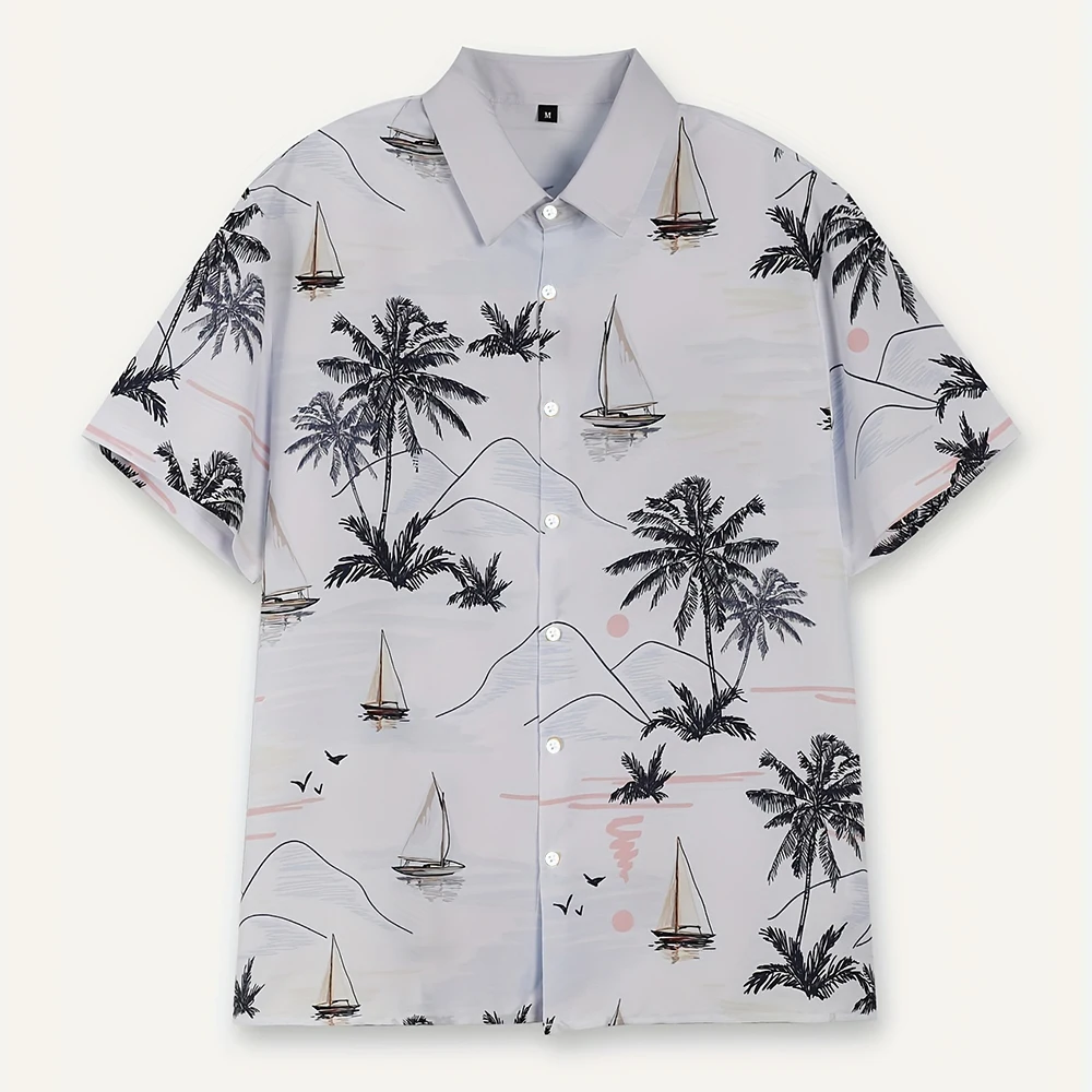 

Men'S Shirt Coconut Tree And Boat Pattern Short Sleeve Shirt Hawaii Vacation Casual Shirt Large Size Lapel Button Down Shirt