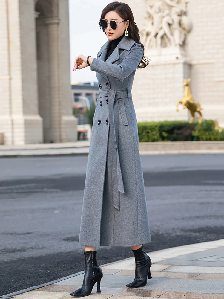 New Women Long Woolen Coat Autumn Winter Fashion Simplicity Double Breasted Slim Wool Blends Overcoat Thicken Warm Outerwear