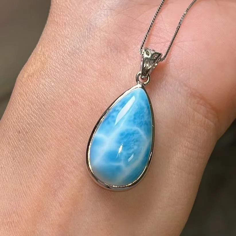 Natural Blue Larimar Heart Pendant Necklace 27.6mm Gemstone 925 Silver Women Men Larimar Love Larimar Fashion Jewelry AAAAAA