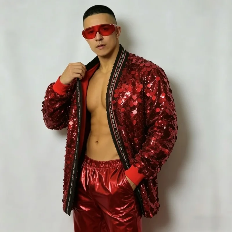 Men's Red Sequins Hip Hop Jazz Dance Outfit Two Piece Set Coat Pants Festival Party Rave Stage Performance Costume Male Singers