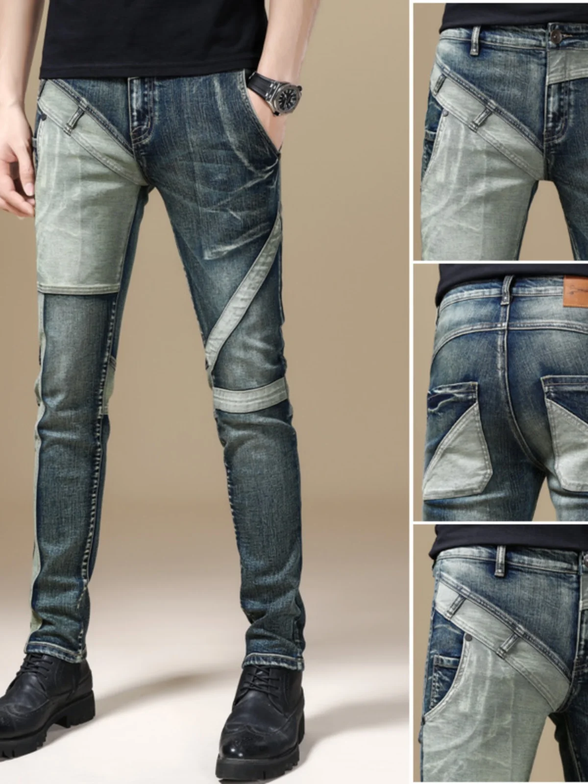 

Summer Trendy Retro Patchwork Men's Slim Fit Elastic Jeans Youth Motorcycle Sle Long Pants Faionable Stretchy Bootcut