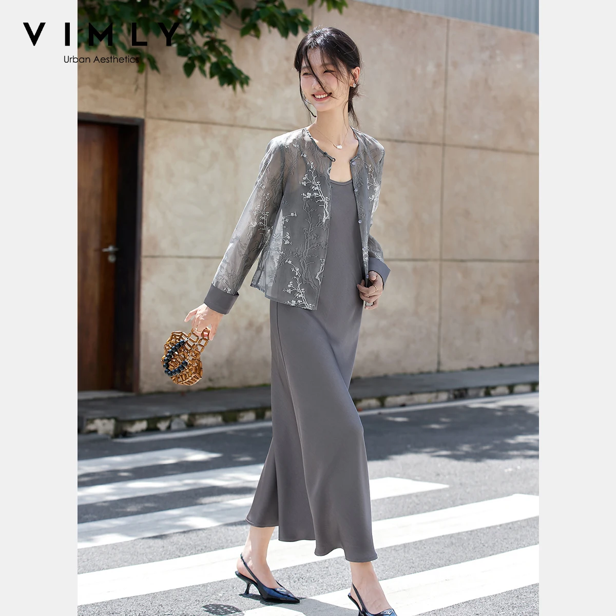 VIMLY 女性のツーピースドレス中国風花刺繍コートロングサスペンダーサテンドレス 2025 秋の女性セット A2683