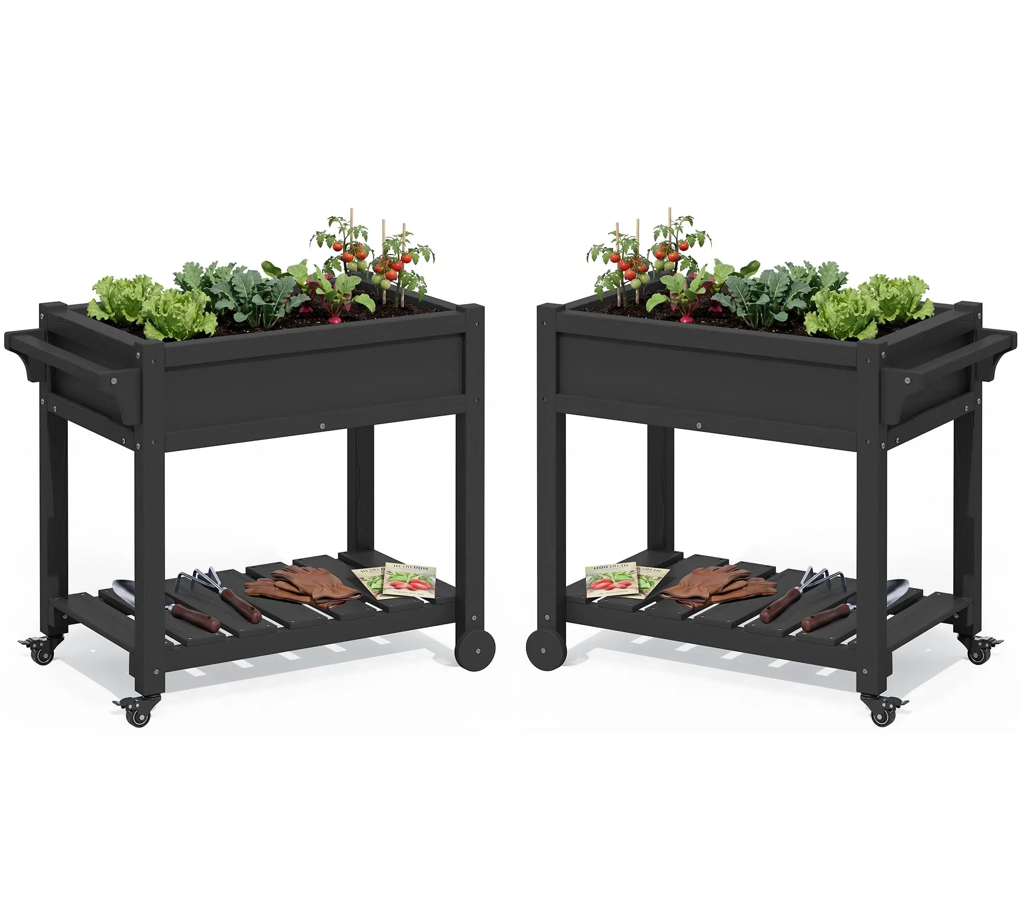 Raised Garden Bed on Wheels with Storage Shelf Set of 2,Black