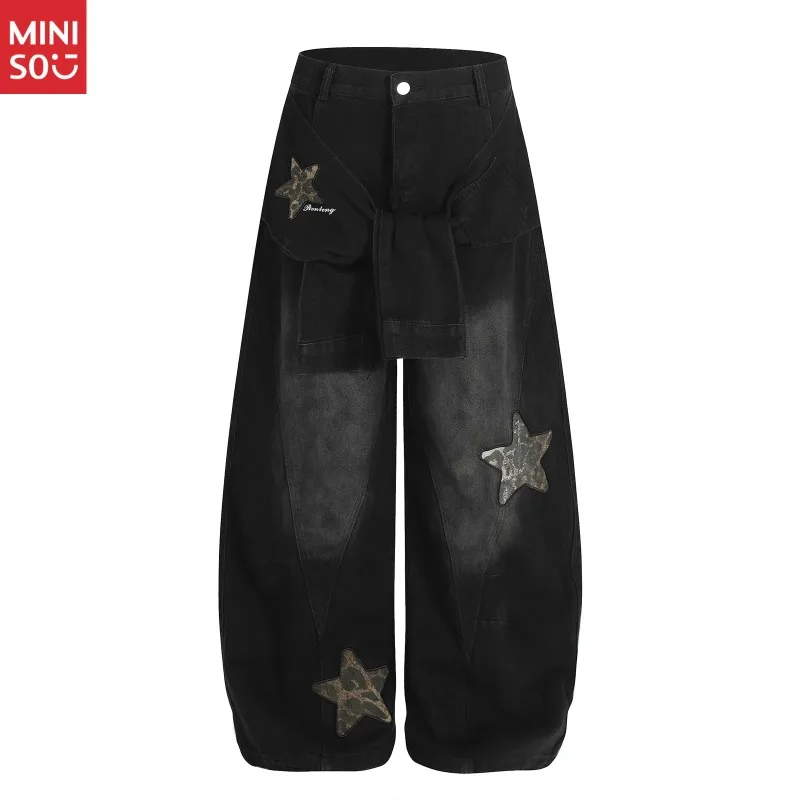 

Miniso Vintage Wash Leopard Print Split Tie Wide Leg Jeans Unisex Loose Kukri Pants Design Kids Jeans