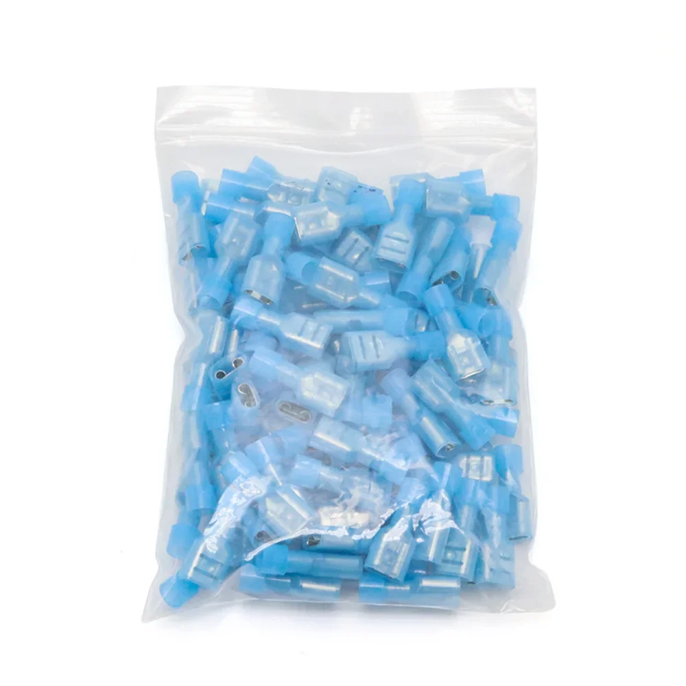 100/10pcs Nylon Female Cable Wire Connector FDFN2.5-250 FDFN2-250 Insulated Brass Spade Terminals Joint Eletrico 16-14AWG Blue