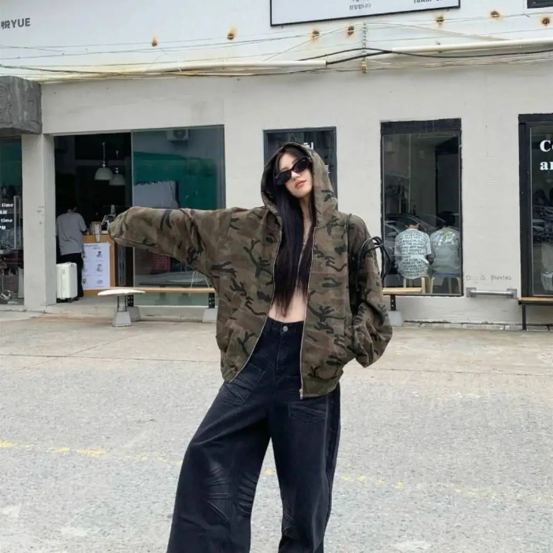 Women's Hoodies Autumn Retro Camouflage Jacket Loose Lazy Hooded Sweatshirt With Zip Long Sleeve Design Sense Top
