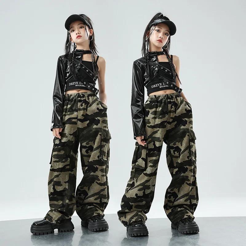 Nuove ragazze costume da ballo jazz in pelle manica singola pantaloni mimetici tuta gruppo abiti da ballo di strada set fantastici abiti hip-hop