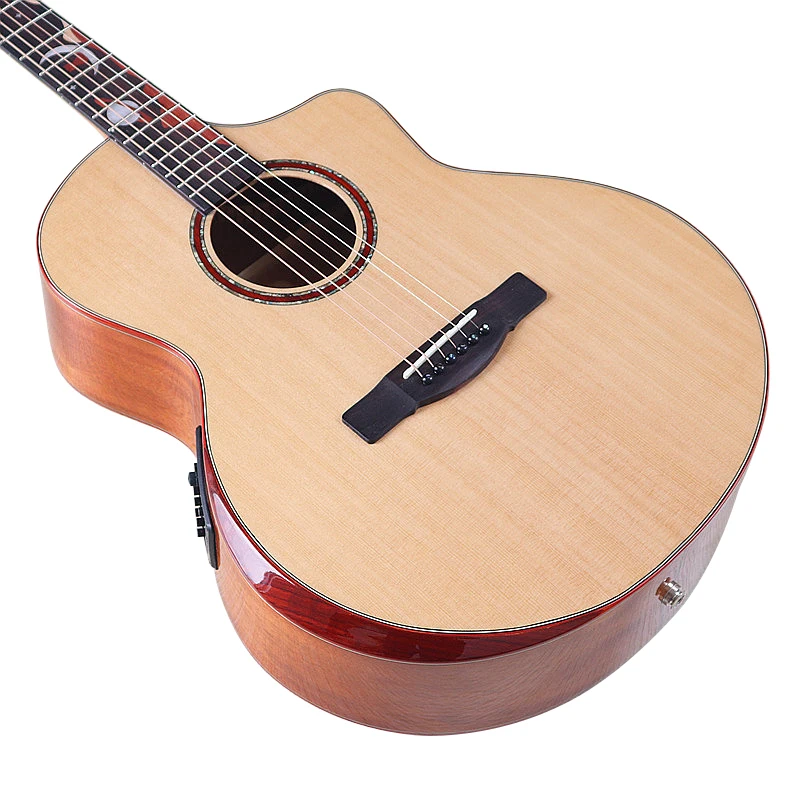 High Grade Electric Acoustic Guitar Natural Color Solid Spruce Wood Top Folk Guitar with Radion Corner, 40 Inch 6 Strings