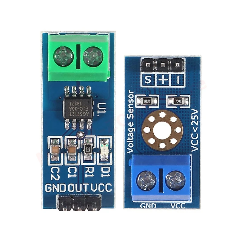 4pcs ACS712 Hall Effect Current Sensor Module 30A Range ACS712 + 4pcs DC 0-25V Voltage Tester Terminal Sensor Kit for Arduino